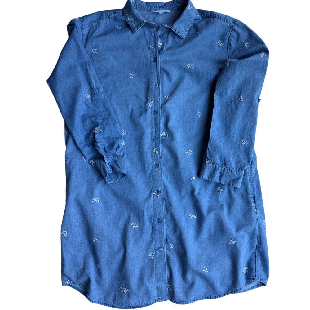 ⁠Jane + Delancey Blue Cotton Embroidered Floral Chambray Shirt Dress L